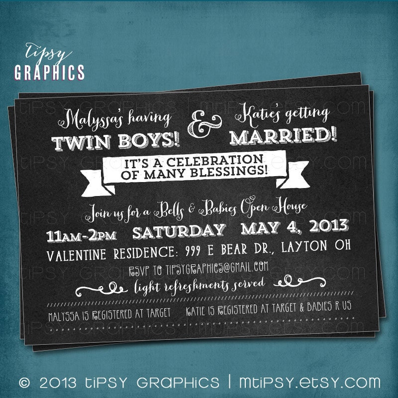 Many Blessings. Chalkboard. Babies & Bells. Joint Party or Shower Party Invite. Custom Typography by Tipsy Graphics