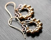 Handmade mixed metal dangle earrings, copper, gold filled, wire wrapped, beaded, Mimi Michele Jewelry