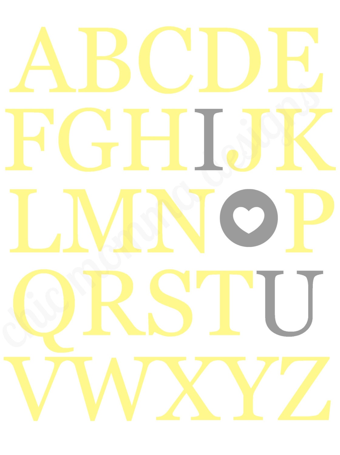 Alphabet ABC I Love Heart You Neutral Yellow Gray Grey Nursery Wall Art Print Subway Art Typography Digital Download Print