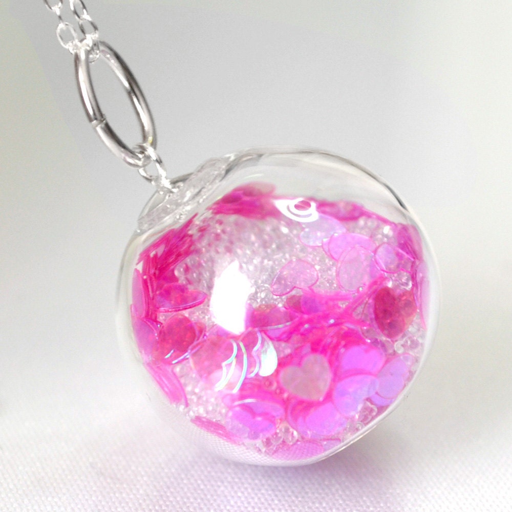 Icy pink heart  blown glass ball silver plated necklace
