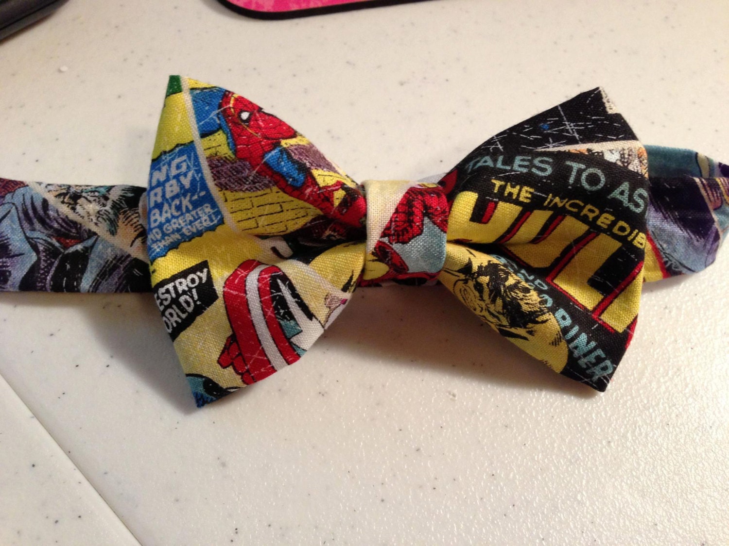 marvel comics children's bow tie. Toddler. Neck tie. superhero. cape. spiderman. hulk. captain america.