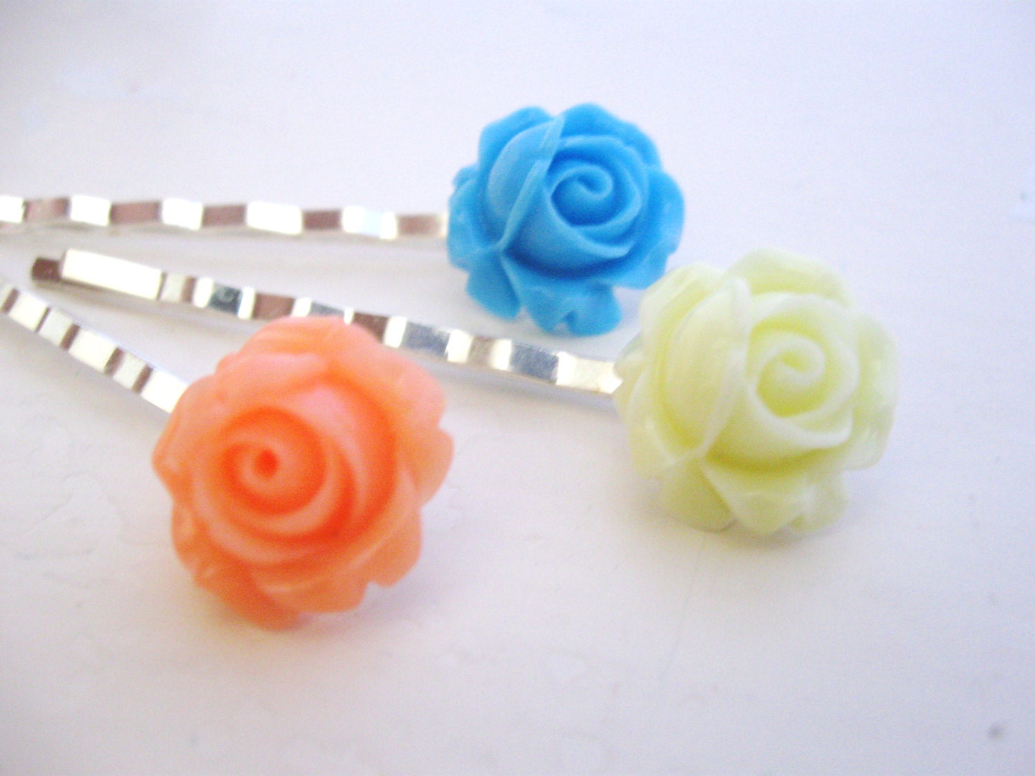 Blush and Blue Flower bobby pin trio - blue, peach, and ivory rose blossoms