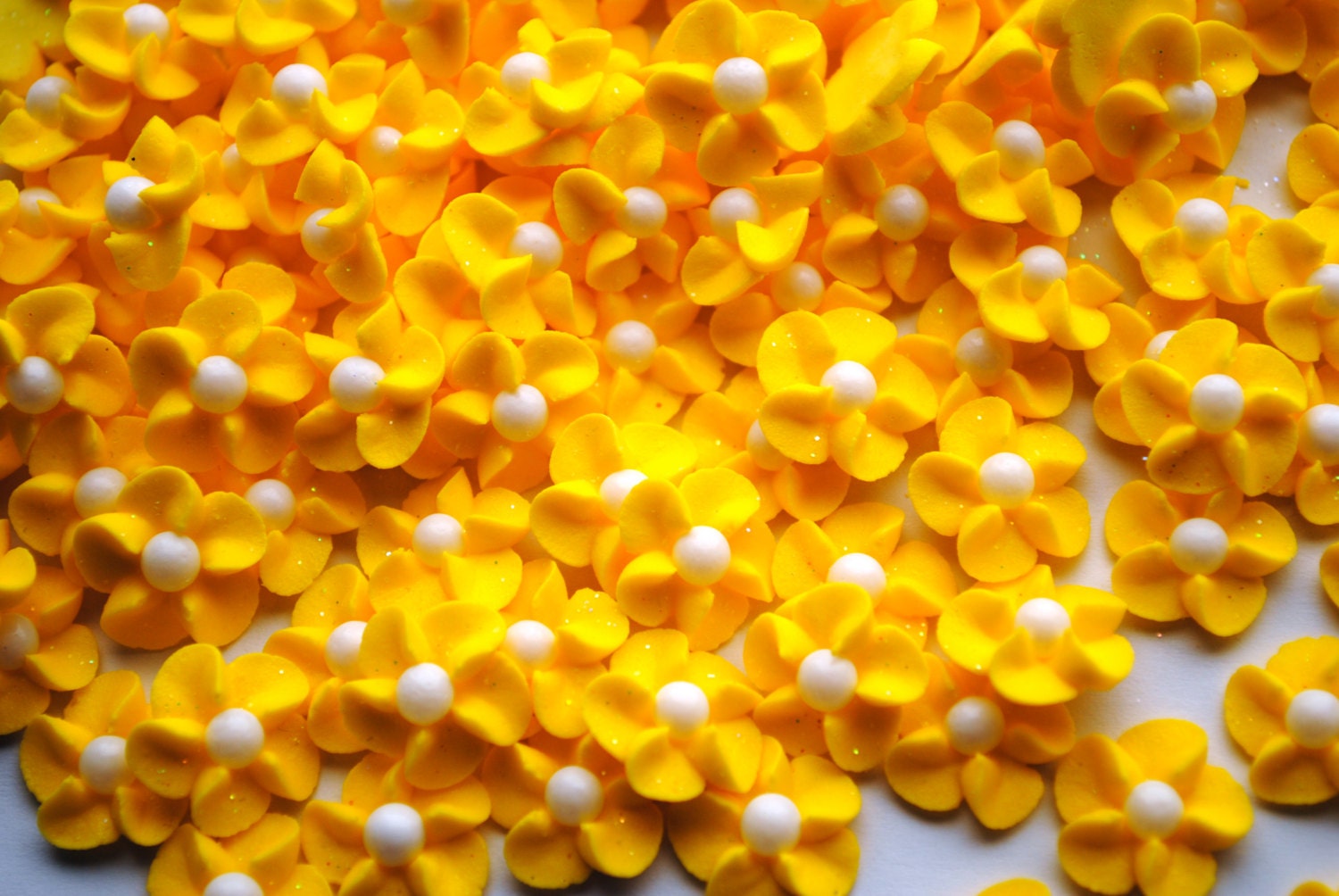 100 Handmade Yellow Sparkling Royal Icing Flowers w/ White Matte Sugar Pearl Center