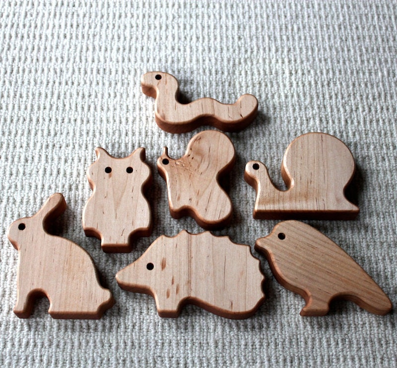 7 small garden creatures cut out from 3/4 thick maple, order with no finish or canola oil finish