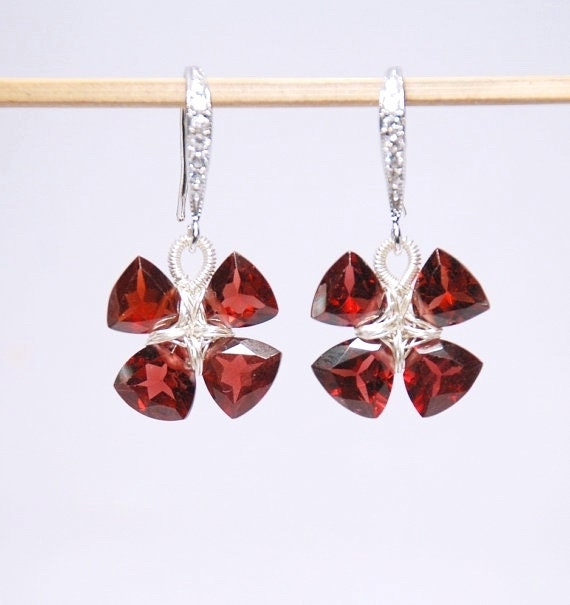 January birthstone earrings, birthday gift, natural gemstone earrings, grade AAA garnet, red earrings, sterling silver wire flower earrings