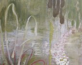 FREE U.S.SHIPPING -Water Forest- Painting on Canvas-24x36"x1--White-Cream-Green-Hot Pink-Chartreuse-Chocolate-Olive