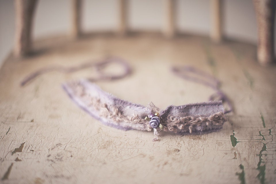 Lavender linen and lace tie back Headband