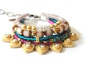 Gypsy heart bracelet - multiple strands beaded bracelet - bohemian hippie bracelet in gold pink and teal - boho chic jewelry