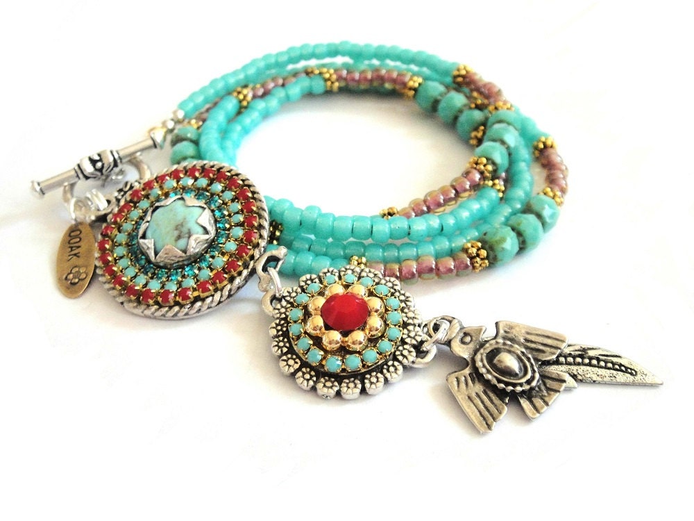 Native American necklace - Long beaded necklace - turquoise necklace - aztec navajo jewelry - boho chic jewelry - thunderbird necklace