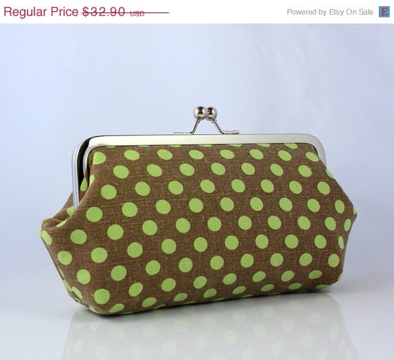 ON SALE Sample Sale - Polka Dots (Green on Brown) - 8 inch Large Silver Frame Clutch - the Emma Clutch