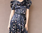 80's Does 30's Black Satin Floral Dress  (XS)