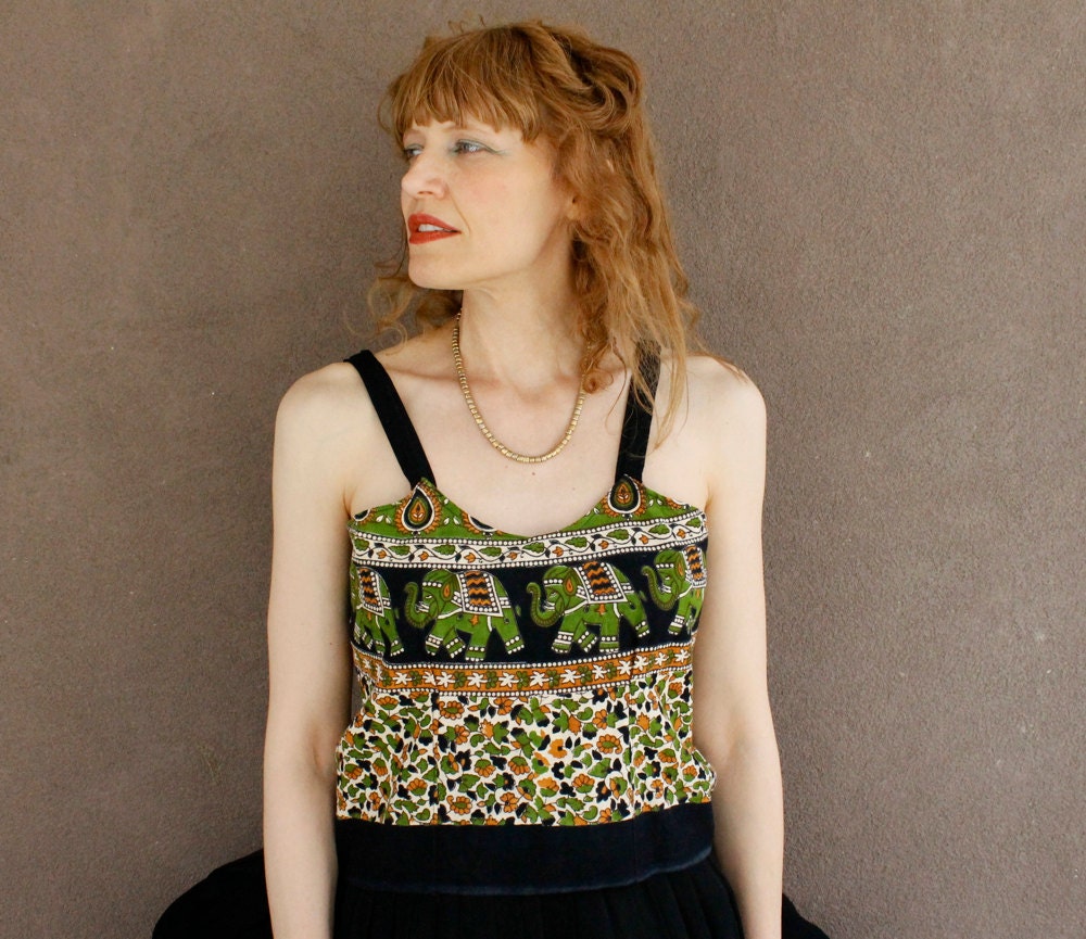 Vintage 70's BOHO Indian CROP TOP Cotton with Elephants