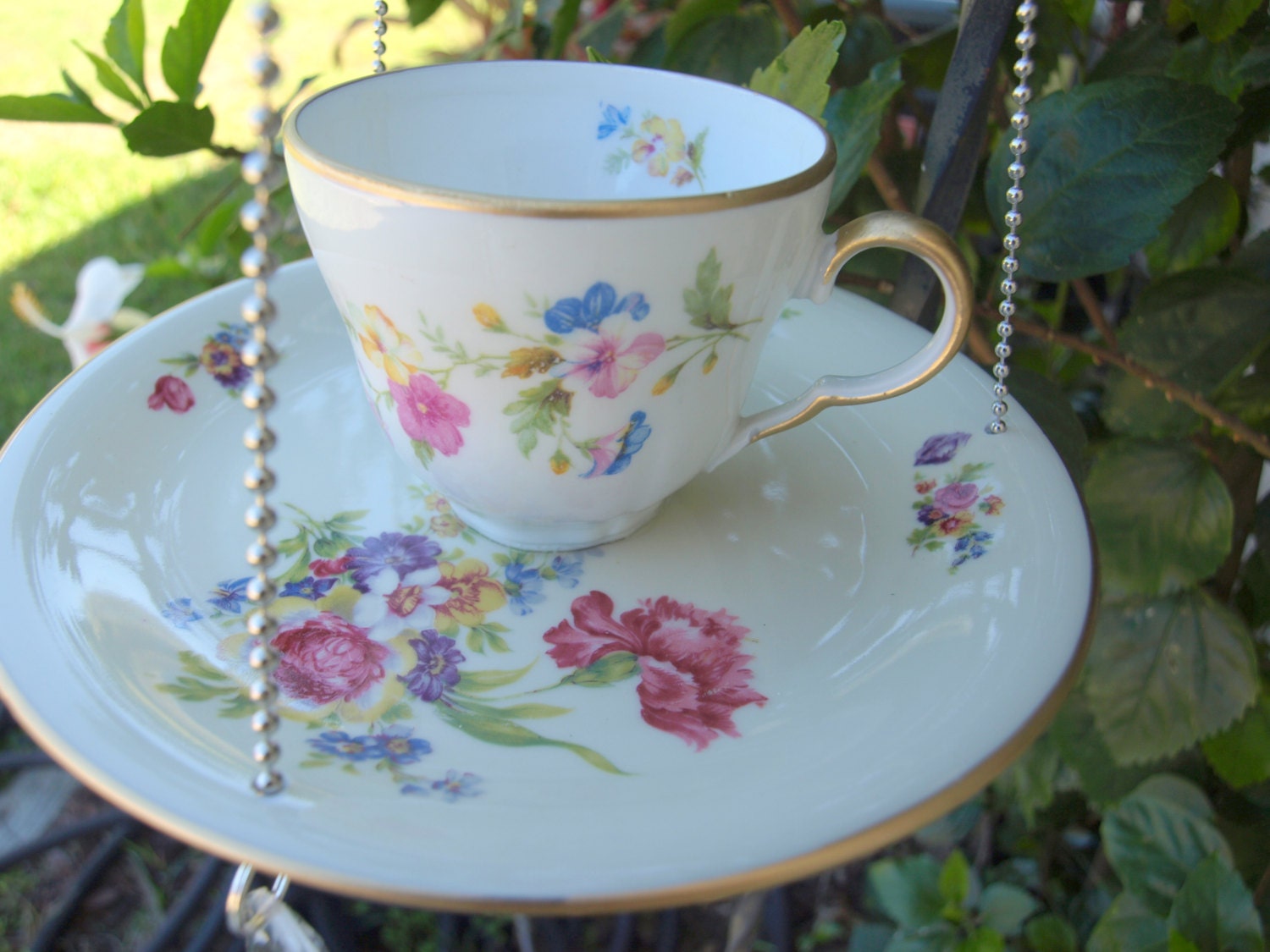 Teacup Bird Feeder vintagepink floral china repurposed shabby chic