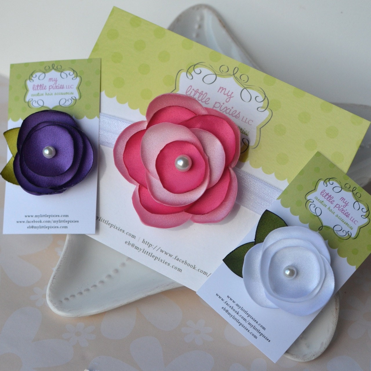 Baby Girl Headband Gift Set- Perfect Newborn Gift- Flower Clips and Headbands- Pink, Purple, and White- Small Clips for Fine Baby Hair