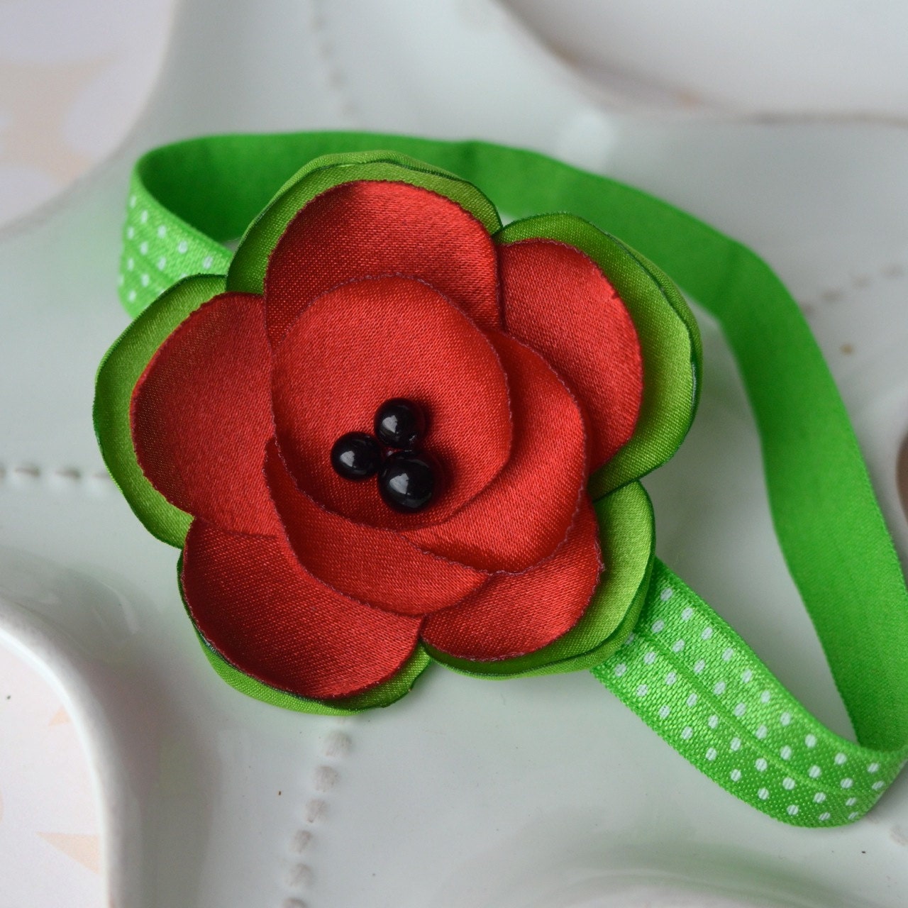 Watermelon or Strawberry Headband in Red and Green with Polka Dot Elastic