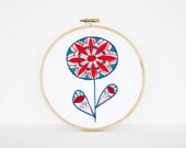 Red and Teal / Aqua Embroidered Flower - Abstract Blue and Red Botanical Embroidery Hoop Art - 6 inch Hoop Fiber Art