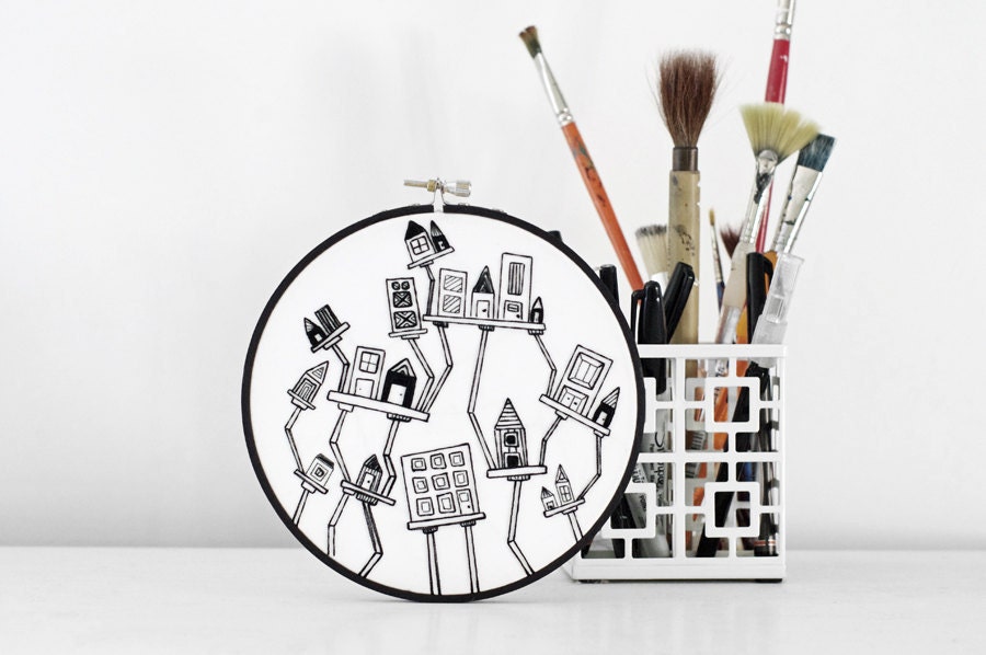 Black and White Hand Embroidery Crooked City 6 inch Embroidery Hoop Art Fiber Art Wall Hanging with Abstract Houses