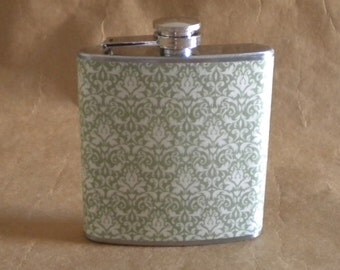 Bridesmaids Gift Sage Green and Cream Small Damask Print 6 ounce Stainless Steel Girly Gift Flask KR2D 6361