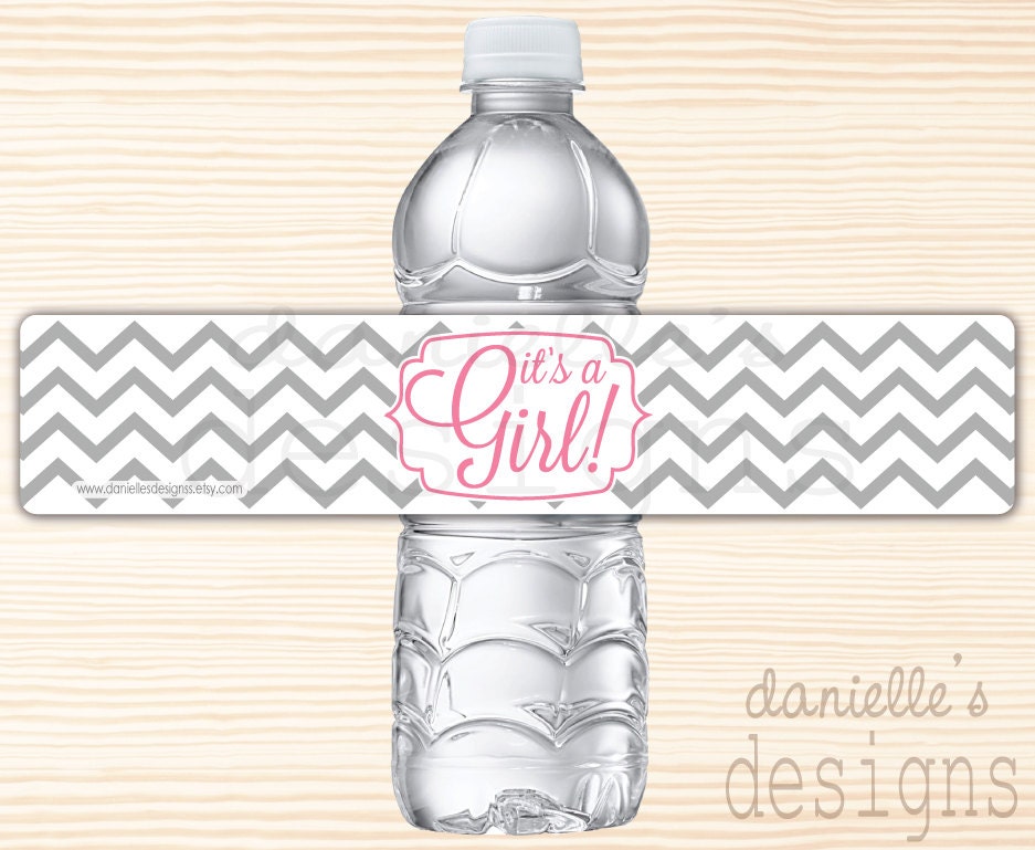 Grey and Lavender or Pink Modern Chevron "It's a Girl" Waterproof Water Bottle Labels - 49 Labels