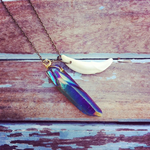 Rainbow Titanium Quartz Point Crystal and Coyote Fang Necklace