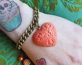 ON SALE 1950s Vintage Carved Coral Heart Charm Bracelet with Extender chain and Bauble Beads on Antiqued Gold // Pinup Retro Boho Fun