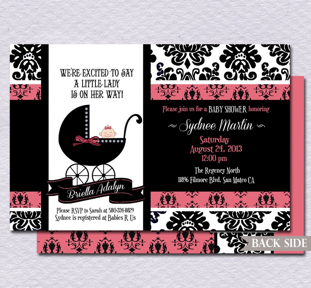 Printable Damask Girl Baby Shower Invitation, Optional Back Side, Two Sided, Custom Design, Personalized 4x6, 5x7