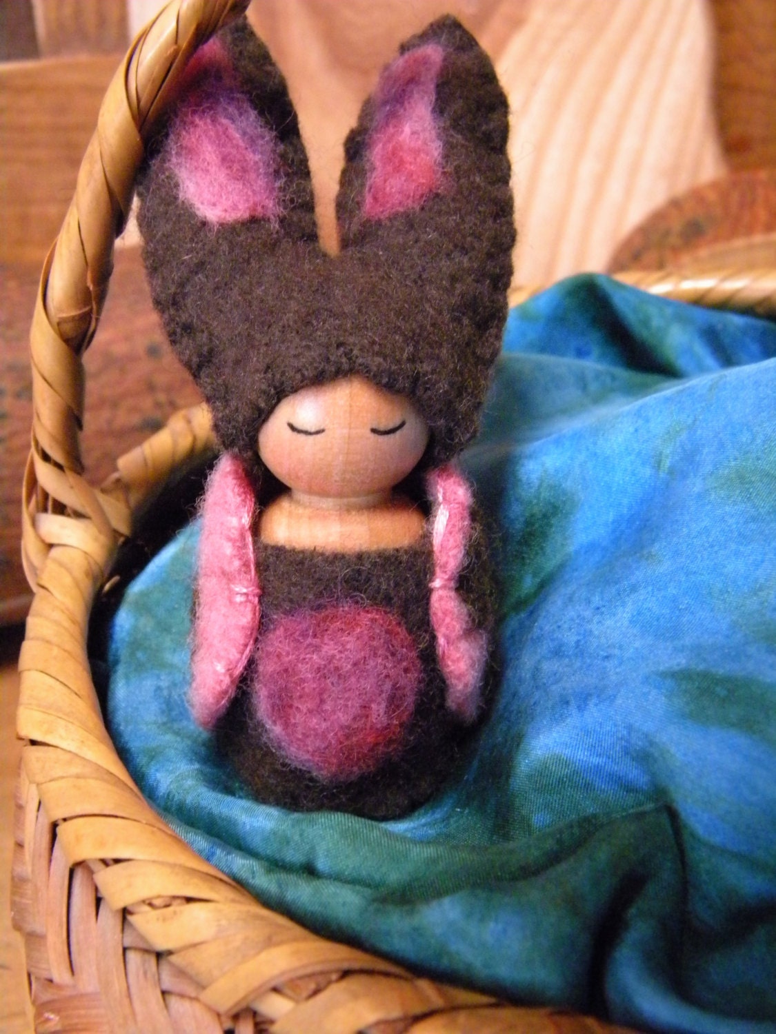 Waldorf Bunny Peg Doll, Bunny Gnome, Rabbit, Easter toy for girl, Spring nature table, Pink, purple, chocolate brown, upcycled, cashmere