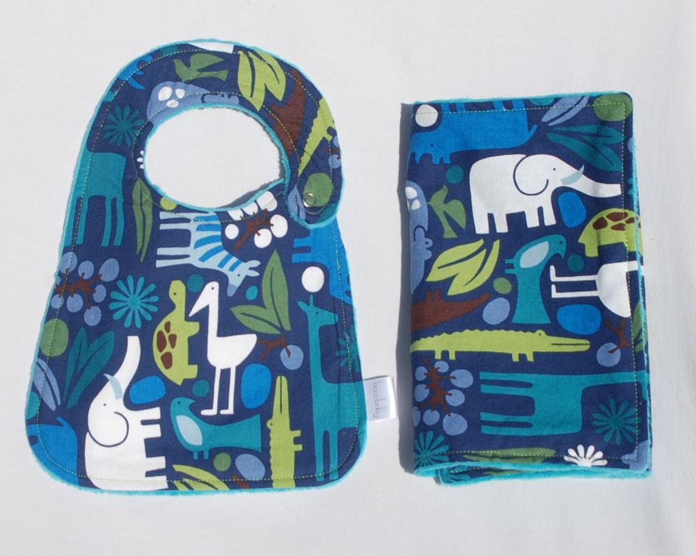 Baby Bib and Burp Cloth Set -  Teal Blue Minky Bib and Burp Cloth in 2D Zoo Navy by Alexander Henry - Ready to Ship