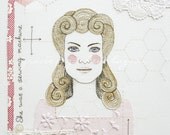 She was a sewing machine - Giclee Print- Embroidery art-textile art-vintage-blonde-40's style-robot