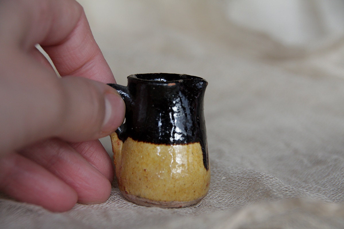 Miniature ceramic vessel in mustard and black - Toy ceramic vessel