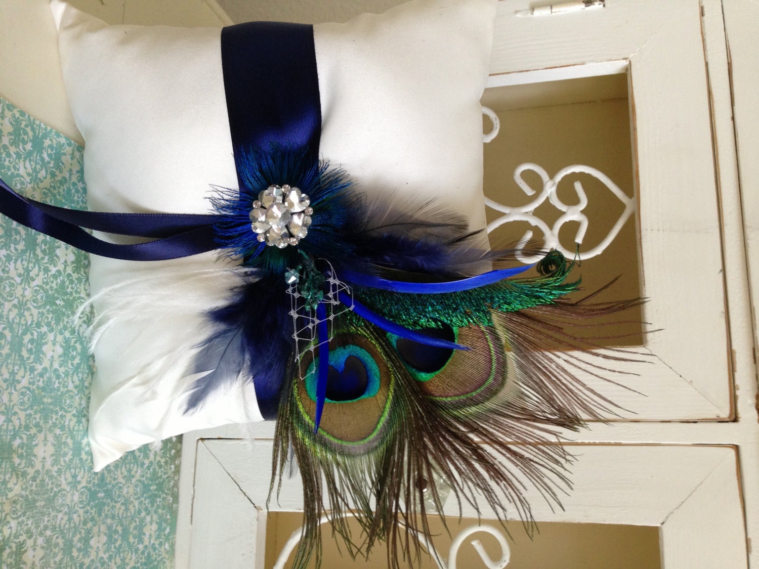 Lets Customize this Peacock Ring Pillow - Perfect for your Peacock Wedding-With HACKLE Feahers