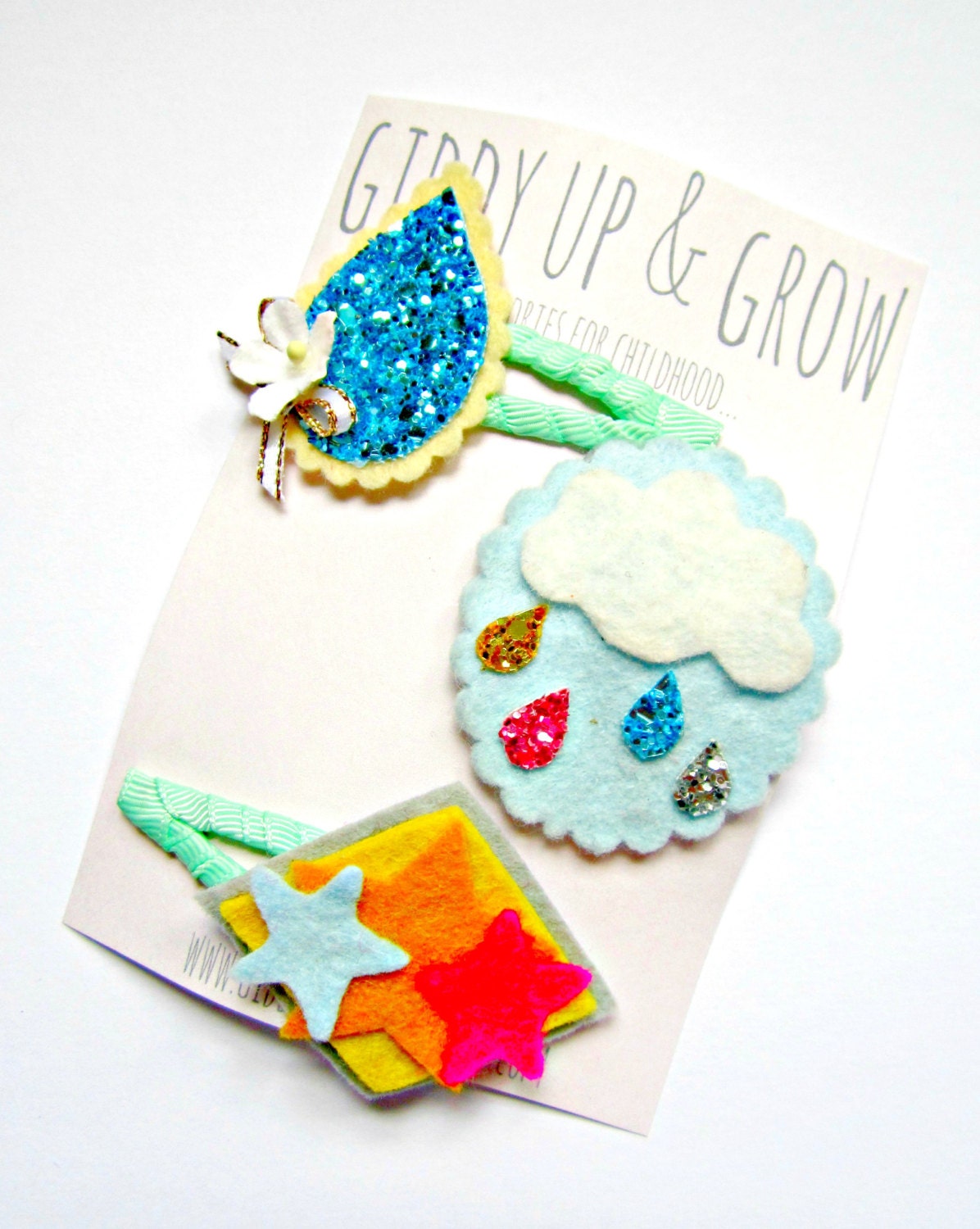 Felt Hair Clips - Rain Cloud hair clip, Giddy Up and Grow hair clips