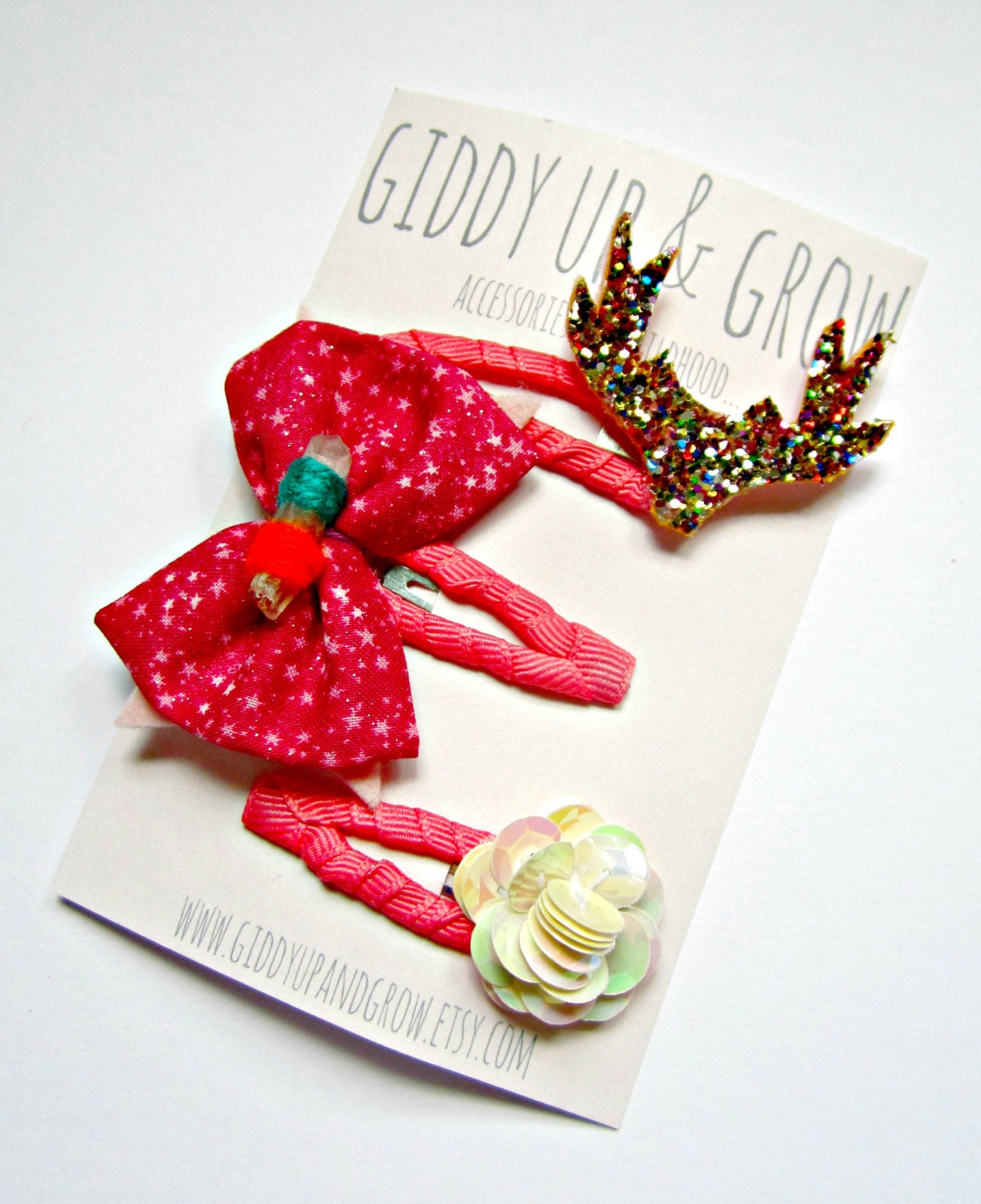 Giddy Up and Grow hair clips - Antler hair clip set with ribbon lined snap clips