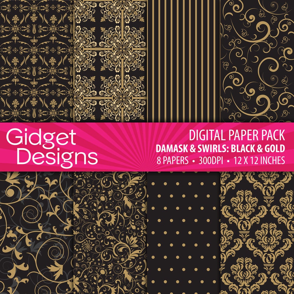 Digital Paper Pack: Damasks & Swirls - Black and Gold INSTANT DOWNLOAD