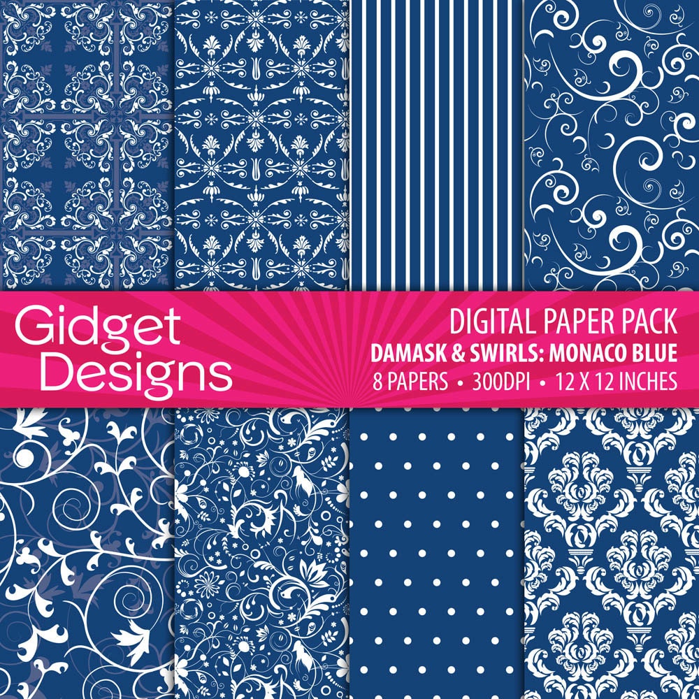 INSTANT DOWNLOAD Digital Paper Pack: Damasks & Swirls - Monaco Blue 2013 colour trend