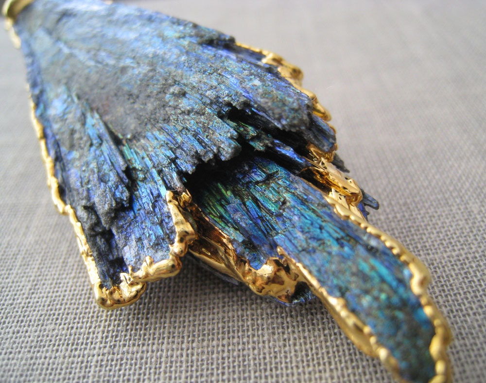 Kyanite Druzy necklace, gold dipped druzy pendant necklace, peacock blue gemstone, one of a kind