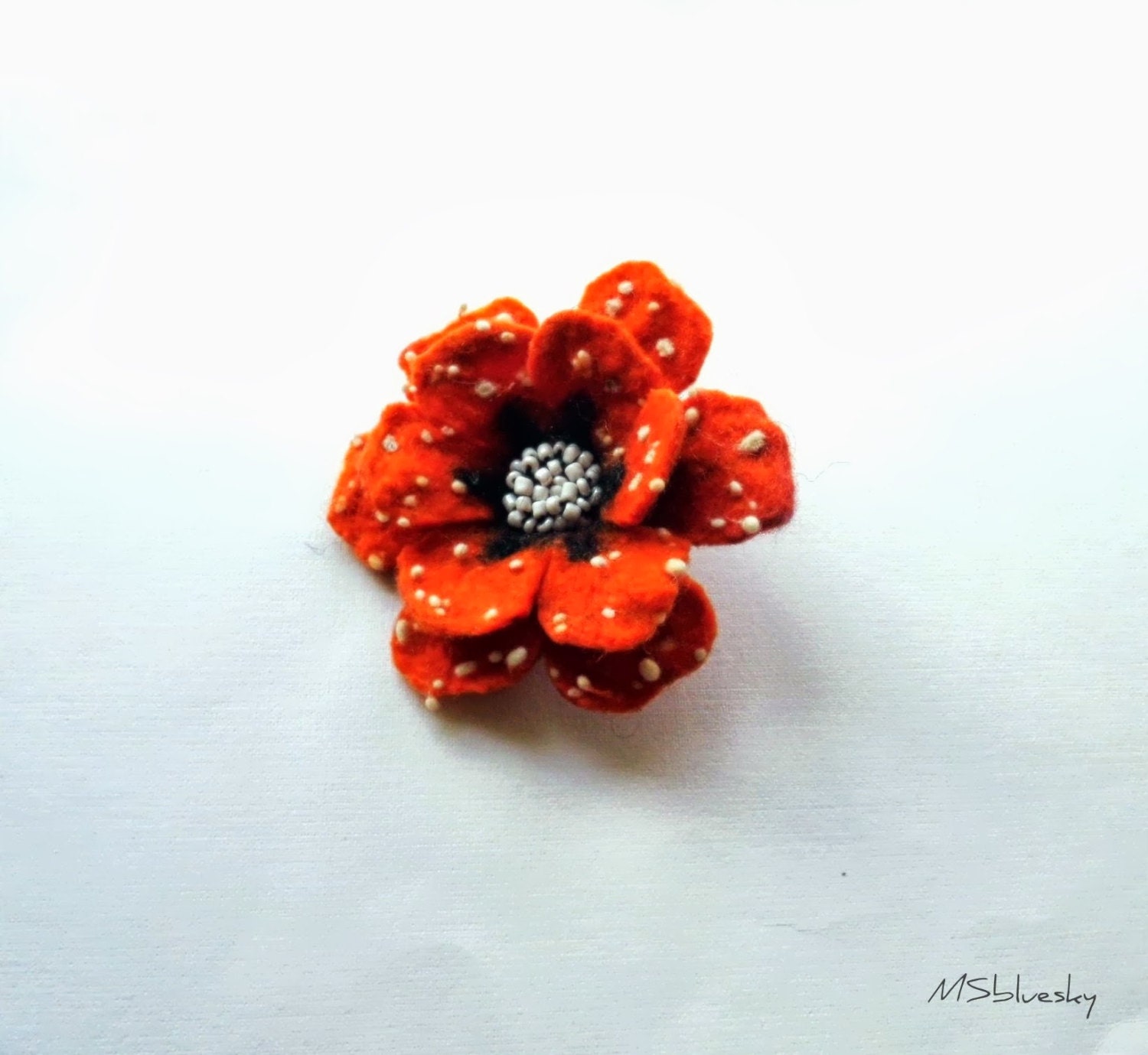 Grey - orange FLOWER handfelted wool brooch - Ready to Ship Now - Gift under 25 USD