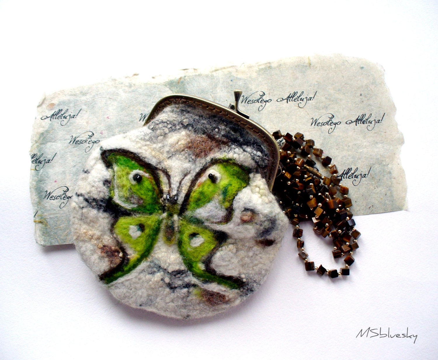 Wet Felted Green Butterfly coin purse Ready to Ship with bag frame metal closure Handmade gift for her