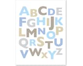 ABC Alphabet Nursery Art Prints - Pastel Colors Blue Tan Grey - Typography - Custom Colors - Wall Art Baby Boy Children Decor