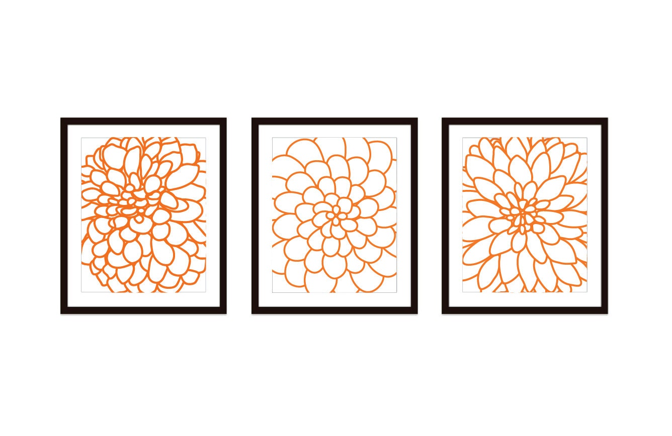Dahlia Flowers Set Digital Prints - Art Wall - Modern Home Decor - Tangerine Orange - Bright Spring Summer Colors
