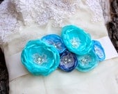 Blue Bridal Rose Belt Sash with pearls, crystals and lace
