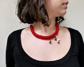 red felt with geometric flowers minimal asymmetric necklace - contemporary jewelry