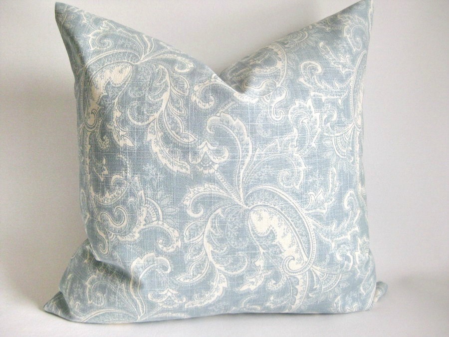 Linen Pillow Cover Coastal Beach Cottage Blue and Ivory Boho Chic Both Sides