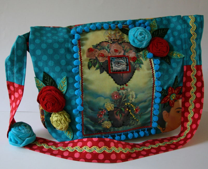 Fabulous Frida Kahlo...OOAK Handmade Shoulder Bag...Tons of Trim