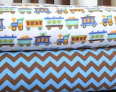 Bright Blue Orange and Brown Train Blue and Brown Chevron Flannel Blanket Bundle, 2 Yards