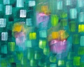 Garden in the Rain Original Oil Painting Abstract Art Dark Cyan Viridian Home Decor