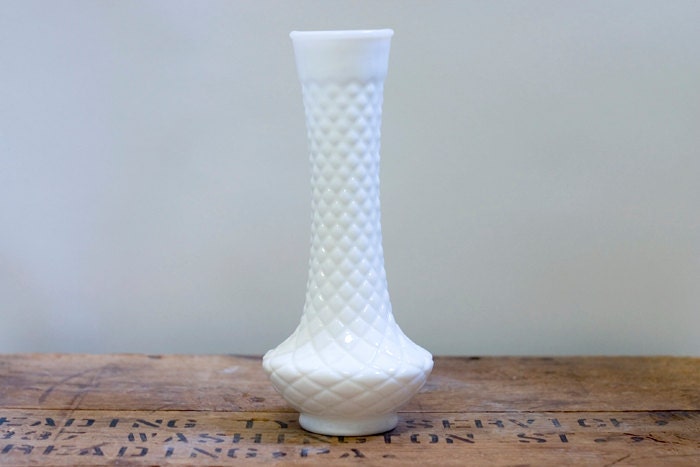Vintage Milk Glass Vase Diamond Waffle Pattern