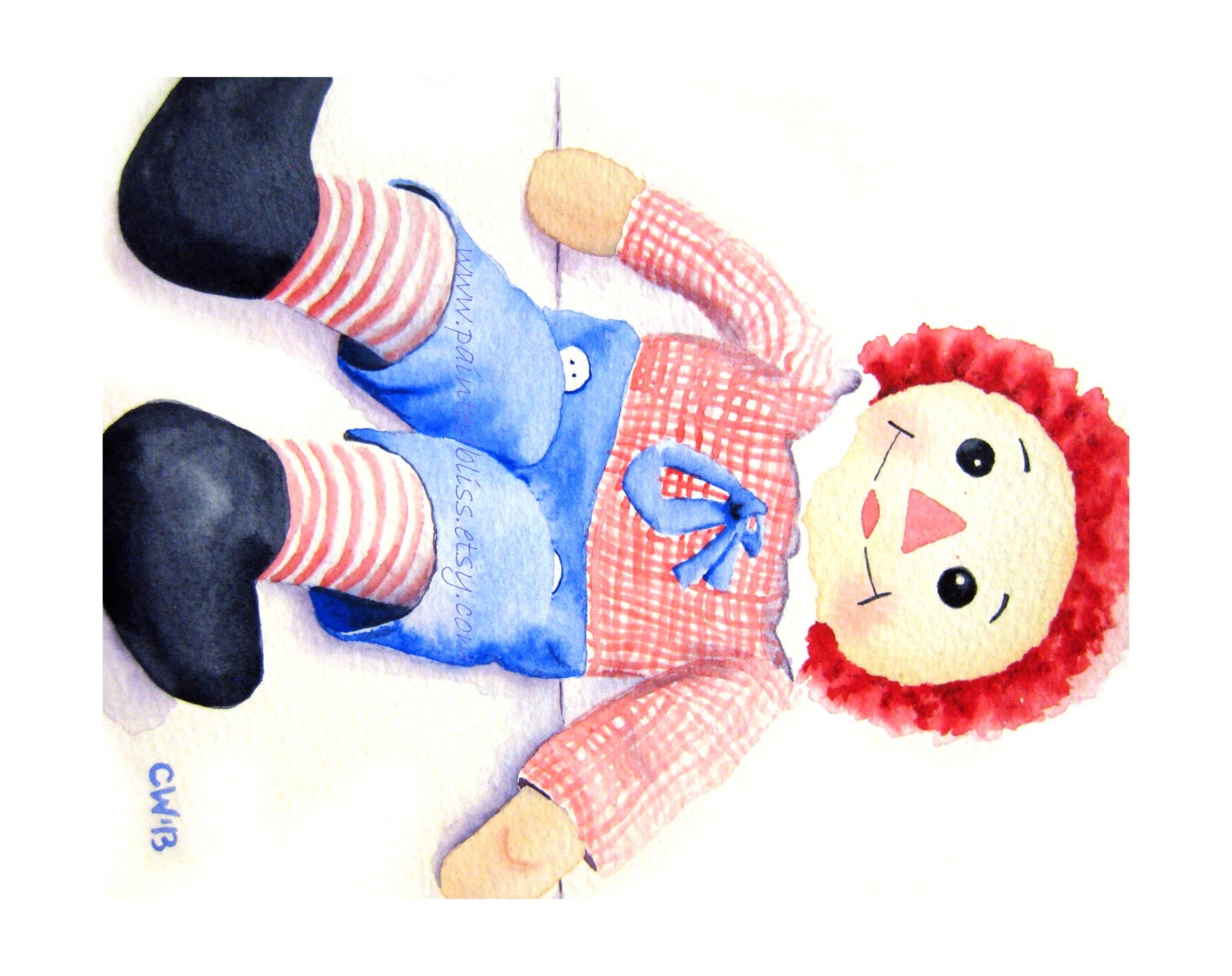 Watercolor Doll Painting - Raggedy Andy - Signed Fine Art Print - red, whit, and blue nursery art