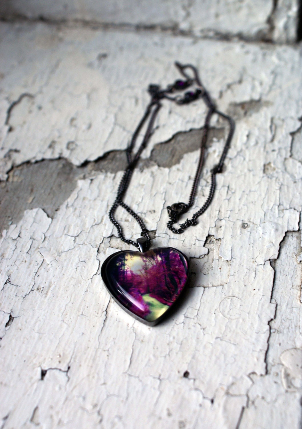 Woodland Photo Jewelry Heart Pendant Necklace, Mystical Path in Forest Park Wearable Art, Purple Statement Jewelry