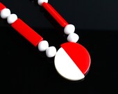 SALE - Vintage Chunky Bead Necklace -  Red & White Beaded Retro Statement Costume Jewelry / Mod Statement